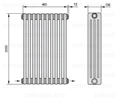 Схема (чертеж) Радиатор Zehnder Charleston 4200/10 №2670 Белый глянцевый RAL 9016